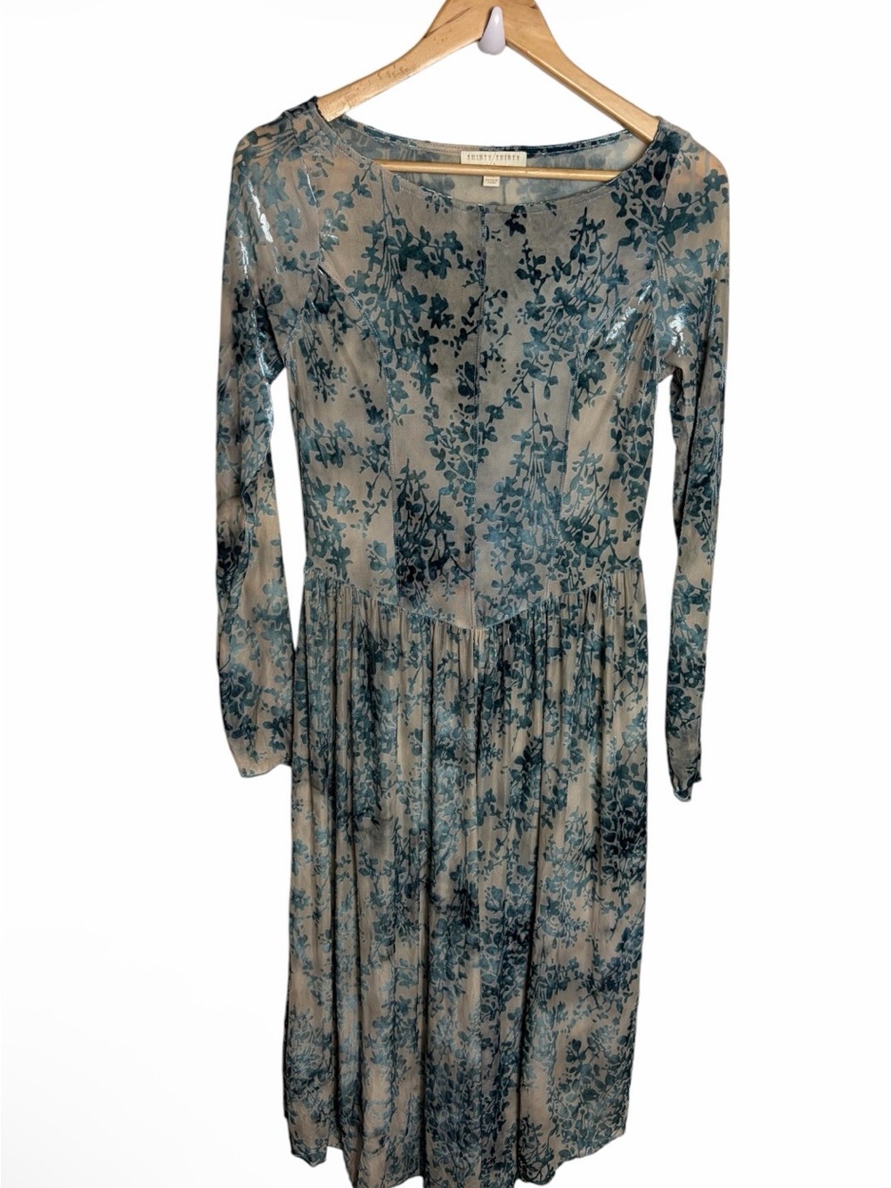 Y2K blue & tan burnout velvet floral long sleeve cottagecore dress size XL